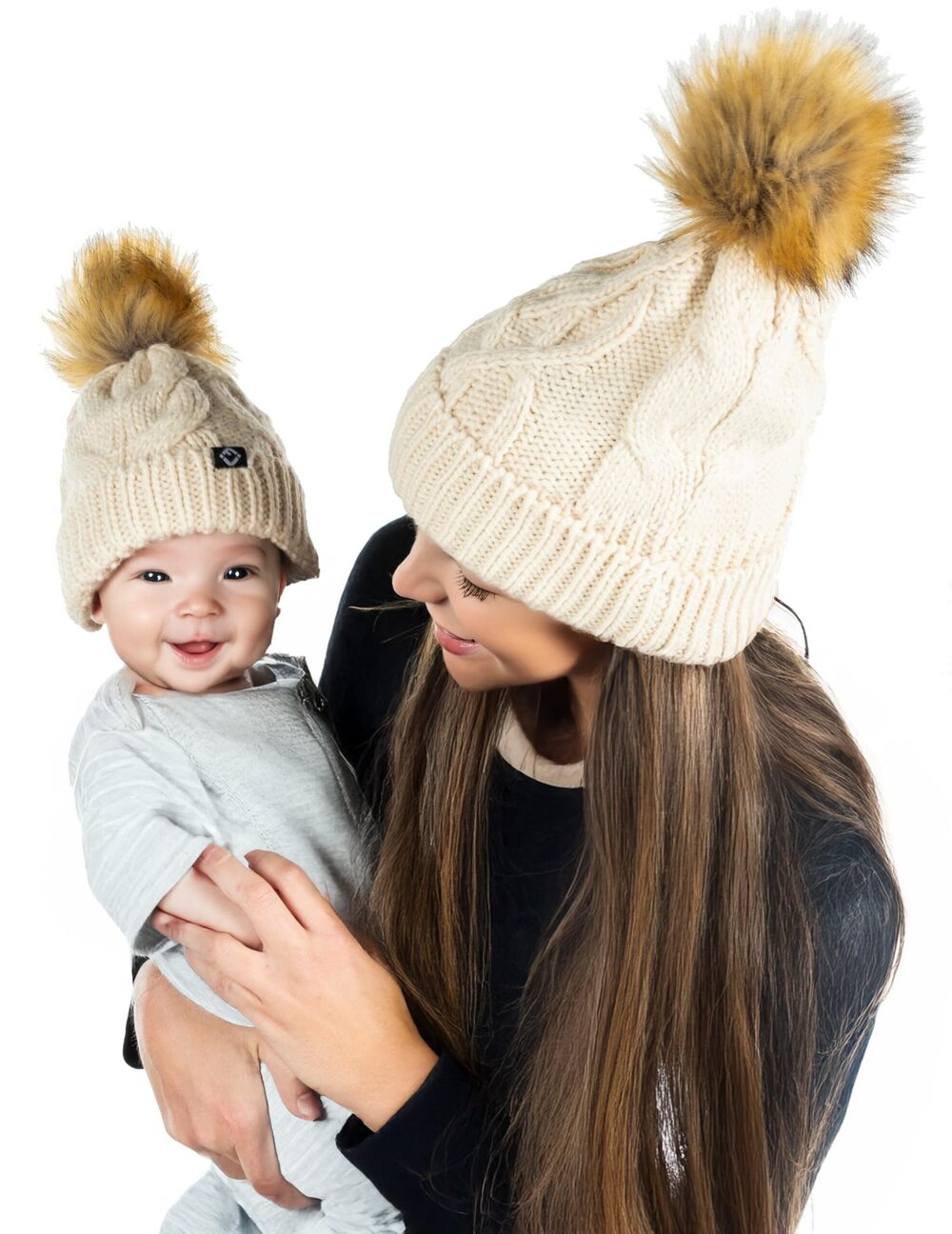5935 Matching Adult/Infant Bundle FJ Oversized Cable Knit Pom Beanie